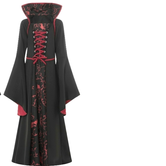 Goth Witch/Vampire Corset Gown w/Burgandy Bat Print Collar & Long Sleeves SZ 12 - Picture 1 of 11